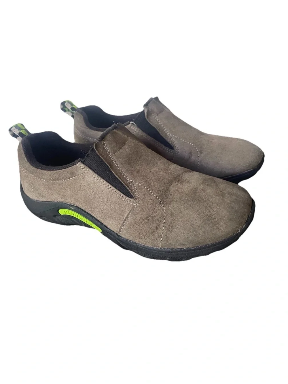 Merrell Kids Slip-On Suede Sneakers in Taupe with Black and Lime Accents